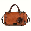 Vintage Rose PU Boston Pillow Bag, Topstitch Floral Accent, Zipper Closure, Handheld Shoulder Crossbody, Poly-Cotton Lining.(brown)
