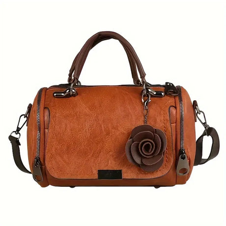 Vintage Rose PU Boston Pillow Bag, Topstitch Floral Accent, Zipper Closure, Handheld Shoulder Crossbody, Poly-Cotton Lining.(brown)