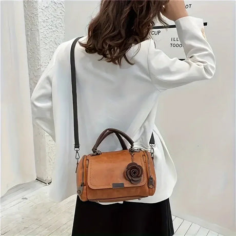 Vintage Rose PU Boston Pillow Bag, Topstitch Floral Accent, Zipper Closure, Handheld Shoulder Crossbody, Poly-Cotton Lining.(brown)