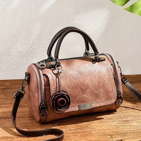 Vintage Rose PU Boston Pillow Bag, Topstitch Floral Accent, Zipper Closure, Handheld Shoulder Crossbody, Poly-Cotton Lining.(brown)