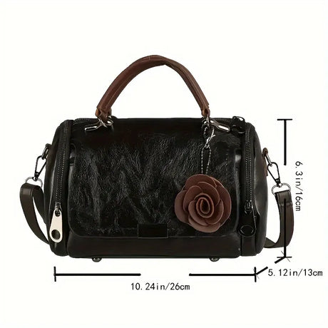 Vintage Rose PU Boston Pillow Bag, Topstitch Floral Accent, Zipper Closure, Handheld Shoulder Crossbody, Poly-Cotton Lining.(red)