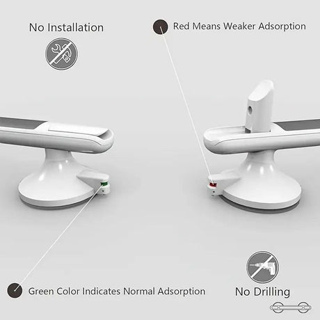 Drill-free Suction Cup Safety Grab Bar – Dual Suction Cup Vacuum Adsorption, Load Capacity 120kg, Red and Green Indicator Light for Visual Safety, Anti-slip Handle for Multi-scenario Use