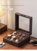 Wood Grain Faux Leather Watch Storage Box - 6-Compartment Dustproof Display Case, Soft Lined Interior, Hinged Flip-Top Lid, Suitable for Home and Retail Use, Decorative Storage Box