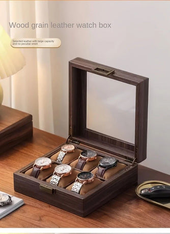 Wood Grain Faux Leather Watch Storage Box - 6-Compartment Dustproof Display Case, Soft Lined Interior, Hinged Flip-Top Lid, Suitable for Home and Retail Use, Decorative Storage Box