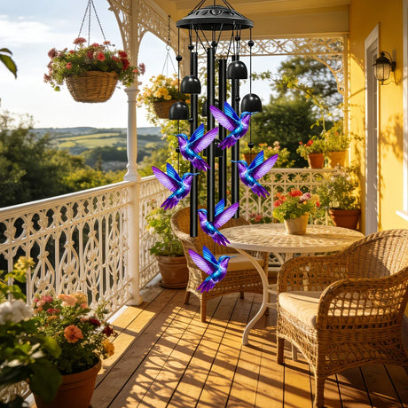 Hummingbird metal wind chime, 91cm high, brilliant blue-purple gradient, crisp and pleasant sound, adding a lively and romantic touch to courtyards and gardens.
