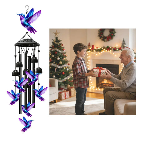 Hummingbird metal wind chime, 91cm high, brilliant blue-purple gradient, crisp and pleasant sound, adding a lively and romantic touch to courtyards and gardens.