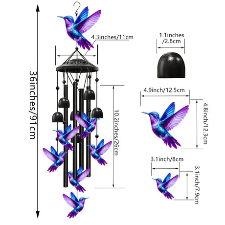 Hummingbird metal wind chime, 91cm high, brilliant blue-purple gradient, crisp and pleasant sound, adding a lively and romantic touch to courtyards and gardens.