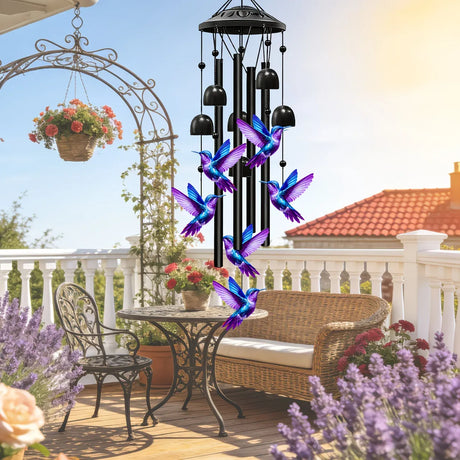 Hummingbird metal wind chime, 91cm high, brilliant blue-purple gradient, crisp and pleasant sound, adding a lively and romantic touch to courtyards and gardens.
