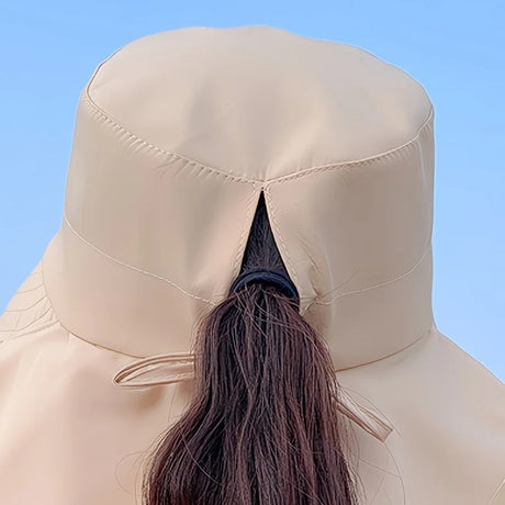 khaki Fashion Wide Brim Sun Hat with Ponytail Hole - Bohemian Baseball Cap Design, Visor, Breathable Polyester