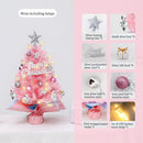 45cm Pink Mini Christmas Tree | Natural Log Base, Pink & Blue Wrapped Design, Star Topper, Letter Sign, Ornaments & Bows, Sweet Desktop Holiday Décor (No Lights Version)
