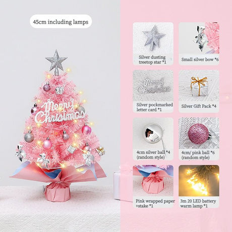 45cm Pink Mini Christmas Tree | Natural Log Base, Pink & Blue Wrapped Design, Star Topper, Letter Sign, Ornaments & Bows, Sweet Desktop Holiday Décor (Including lamp: LED battery warm lamp)