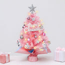 45cm Pink Mini Christmas Tree | Natural Log Base, Pink & Blue Wrapped Design, Star Topper, Letter Sign, Ornaments & Bows, Sweet Desktop Holiday Décor (Including lamp: LED battery warm lamp)