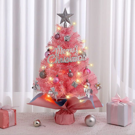 45cm Pink Mini Christmas Tree | Natural Log Base, Pink & Blue Wrapped Design, Star Topper, Letter Sign, Ornaments & Bows, Sweet Desktop Holiday Décor (Including lamp: LED battery warm lamp)