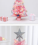 45cm Pink Mini Christmas Tree | Natural Log Base, Pink & Blue Wrapped Design, Star Topper, Letter Sign, Ornaments & Bows, Sweet Desktop Holiday Décor (Including lamp: LED battery warm lamp)