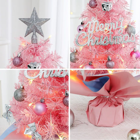 45cm Pink Mini Christmas Tree | Natural Log Base, Pink & Blue Wrapped Design, Star Topper, Letter Sign, Ornaments & Bows, Sweet Desktop Holiday Décor (Including lamp: LED battery warm lamp)