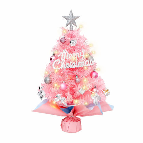 45cm Pink Mini Christmas Tree | Natural Log Base, Pink & Blue Wrapped Design, Star Topper, Letter Sign, Ornaments & Bows, Sweet Desktop Holiday Décor (Including lamp: LED battery warm lamp)