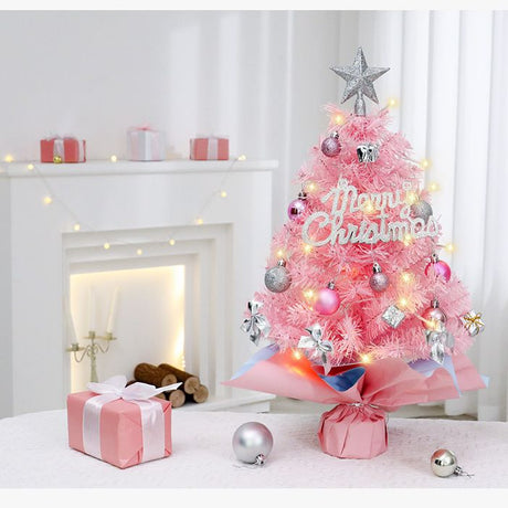 45cm Pink Mini Christmas Tree | Natural Log Base, Pink & Blue Wrapped Design, Star Topper, Letter Sign, Ornaments & Bows, Sweet Desktop Holiday Décor (Including lamp: LED battery warm lamp)