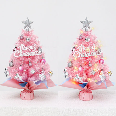 45cm Pink Mini Christmas Tree | Natural Log Base, Pink & Blue Wrapped Design, Star Topper, Letter Sign, Ornaments & Bows, Sweet Desktop Holiday Décor (Including lamp: LED battery warm lamp)