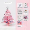 45cm Pink Mini Christmas Tree | Natural Log Base, Pink & Blue Wrapped Design, Star Topper, Letter Sign, Ornaments & Bows, Sweet Desktop Holiday Décor (Including lamp: LED battery warm lamp)