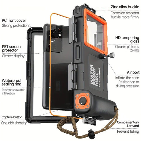 15m Waterproof Phone Case for Diving & Surfing - 1 Hour Underwater Shooting, Dual Seal, Zinc Alloy Buckle, Fits iPhone Samsung Xiaomi up to 6.9 Inch(blue+orange)