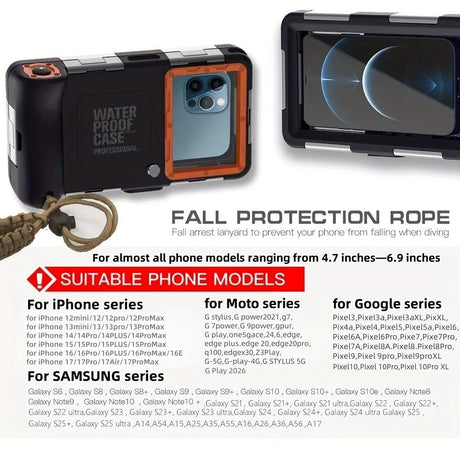 15m Waterproof Phone Case for Diving & Surfing - 1 Hour Underwater Shooting, Dual Seal, Zinc Alloy Buckle, Fits iPhone Samsung Xiaomi up to 6.9 Inch(Camouflage yellow+black)