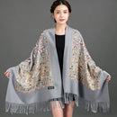 European-American Style Auspicious Embroidered Shawl Scarf, High-End Autumn & Winter Warm Outfit(Light hemp ash color）