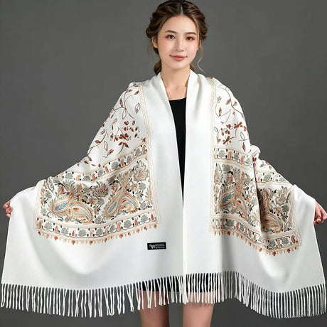 European-American Style Auspicious Embroidered Shawl Scarf, High-End Autumn & Winter Warm Outfit(Light hemp ash color）