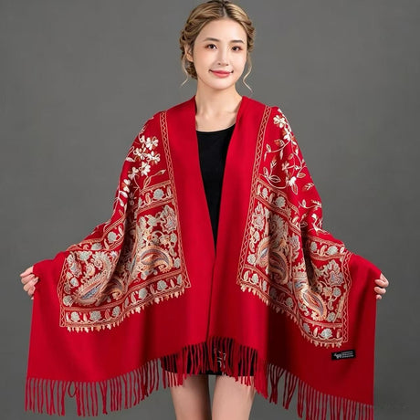 European-American Style Auspicious Embroidered Shawl Scarf, High-End Autumn & Winter Warm Outfit(Light hemp ash color）