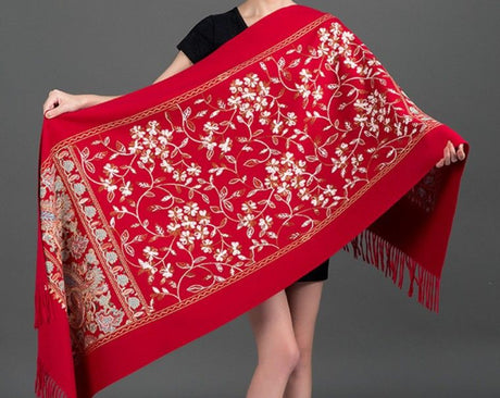 European-American Style Auspicious Embroidered Shawl Scarf, High-End Autumn & Winter Warm Outfit(Light hemp ash color）