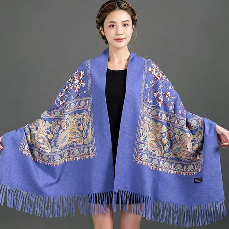 European-American Style Auspicious Embroidered Shawl Scarf, High-End Autumn & Winter Warm Outfit(Light hemp ash color）