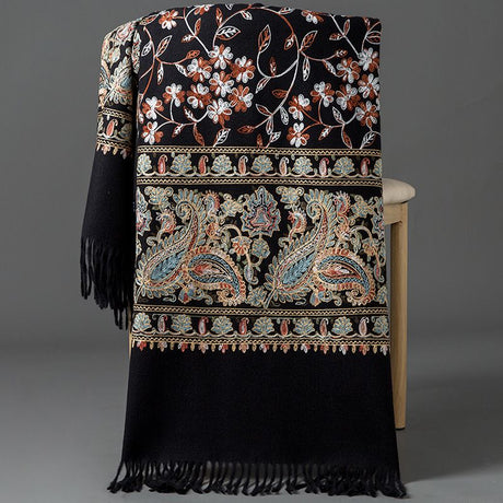 European-American Style Auspicious Embroidered Shawl Scarf, High-End Autumn & Winter Warm Outfit(Light hemp ash color）