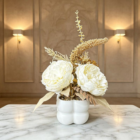 Light luxury simulated peony potted plant, handcrafted petals realistic and full, pumpkin planter round and versatile, no maintenance ready to display upon opening, brightens up new Chinese-style home spaces.(white)