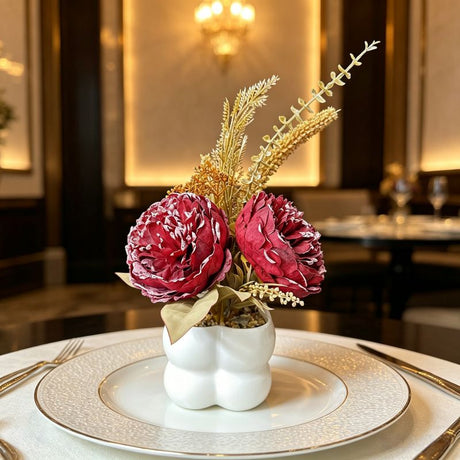 Light luxury simulated peony potted plant, handcrafted petals realistic and full, pumpkin planter round and versatile, no maintenance ready to display upon opening, brightens up new Chinese-style home spaces.(white)