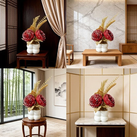 Light luxury simulated peony potted plant, handcrafted petals realistic and full, pumpkin planter round and versatile, no maintenance ready to display upon opening, brightens up new Chinese-style home spaces.(white)