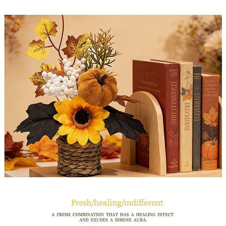 Autumn artificial mini potted plant, woven basket paired with sunflowers, pumpkins, and maple leaves, full and realistic petals, no maintenance required, adding warm autumn vibes to your home./34G model