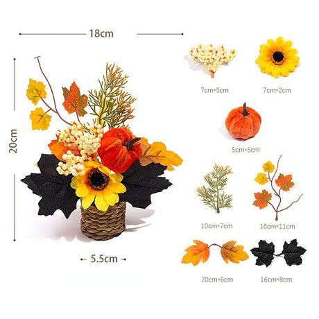 Autumn artificial mini potted plant, woven basket paired with sunflowers, pumpkins, and maple leaves, full and realistic petals, no maintenance required, adding warm autumn vibes to your home./34G model
