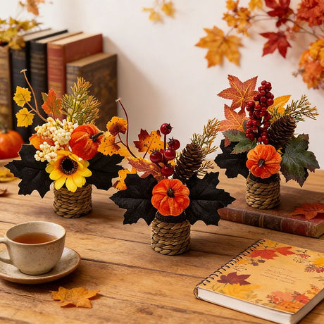 Autumn artificial mini potted plant, woven basket paired with sunflowers, pumpkins, and maple leaves, full and realistic petals, no maintenance required, adding warm autumn vibes to your home./28G model