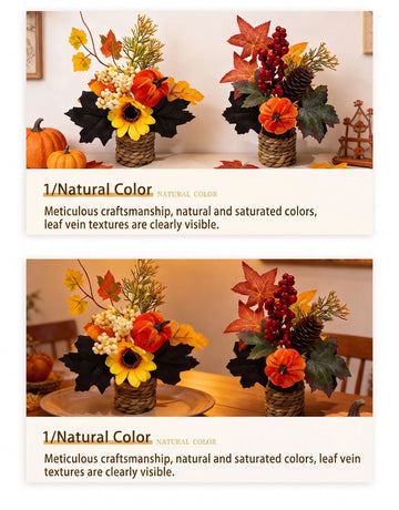 Autumn artificial mini potted plant, woven basket paired with sunflowers, pumpkins, and maple leaves, full and realistic petals, no maintenance required, adding warm autumn vibes to your home./28G model