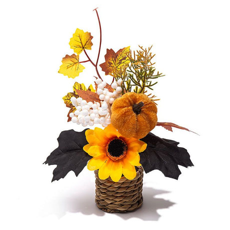 Autumn artificial mini potted plant, woven basket paired with sunflowers, pumpkins, and maple leaves, full and realistic petals, no maintenance required, adding warm autumn vibes to your home./32G model