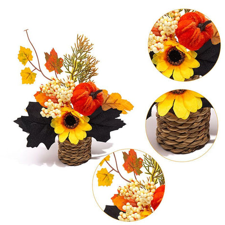 Autumn artificial mini potted plant, woven basket paired with sunflowers, pumpkins, and maple leaves, full and realistic petals, no maintenance required, adding warm autumn vibes to your home./30G model