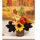 Autumn artificial mini potted plant, woven basket paired with sunflowers, pumpkins, and maple leaves, full and realistic petals, no maintenance required, adding warm autumn vibes to your home./30G model