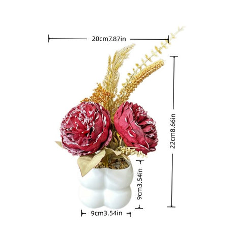 Light luxury simulated peony potted plant, handcrafted petals realistic and full, pumpkin planter round and versatile, no maintenance ready to display upon opening, brightens up new Chinese-style home spaces.(wine red)