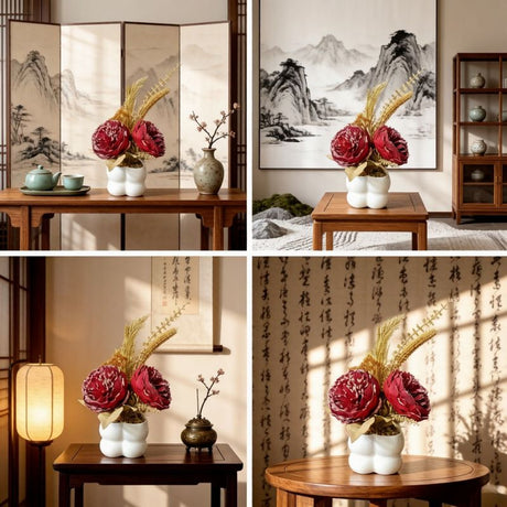 Light luxury simulated peony potted plant, handcrafted petals realistic and full, pumpkin planter round and versatile, no maintenance ready to display upon opening, brightens up new Chinese-style home spaces.(wine red)