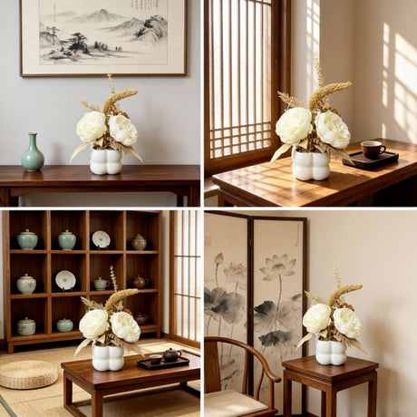 Light luxury simulated peony potted plant, handcrafted petals realistic and full, pumpkin planter round and versatile, no maintenance ready to display upon opening, brightens up new Chinese-style home spaces.(wine red)