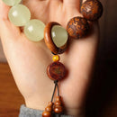 1pc Classic 12-bead 20mm Handmade Wooden Carved "Fu" Pendant Bracelet, Unisex Beaded Bracelet, Buddhist Mala Beads Prayer Bracelet