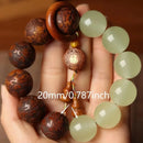 1pc Classic 12-bead 20mm Handmade Wooden Carved "Fu" Pendant Bracelet, Unisex Beaded Bracelet, Buddhist Mala Beads Prayer Bracelet