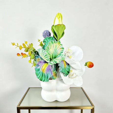 Simulated iris potted plant, floral artistry vibrant and colorful, pumpkin planter round and versatile, no maintenance ready to display upon opening, brightens up new Chinese-style and light luxury home spaces.(GREEN)