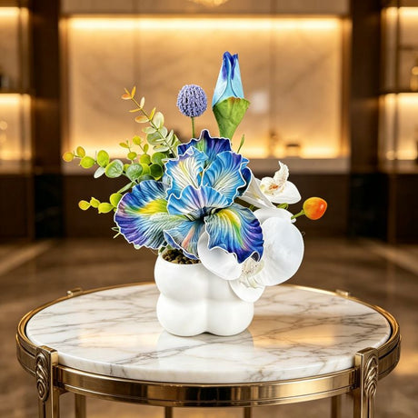 Simulated iris potted plant, floral artistry vibrant and colorful, pumpkin planter round and versatile, no maintenance ready to display upon opening, brightens up new Chinese-style and light luxury home spaces.(GREEN)