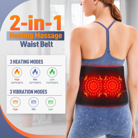 Heated Waist Belt with Vibration Massage – Infrared Heat Therapy, 3 Temp Levels, Rechargeable & Adjustable Strap（BLACK)