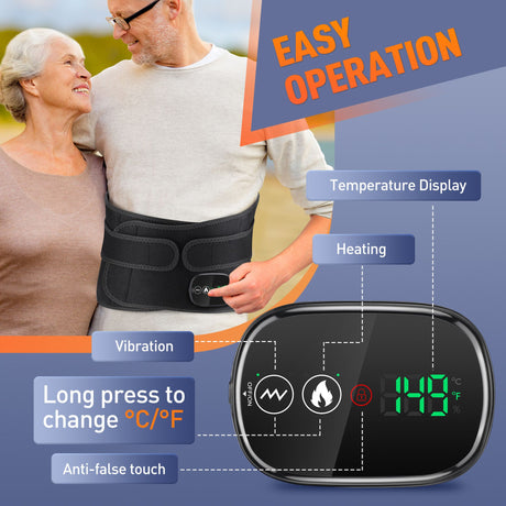 Heated Waist Belt with Vibration Massage – Infrared Heat Therapy, 3 Temp Levels, Rechargeable & Adjustable Strap（BLACK)